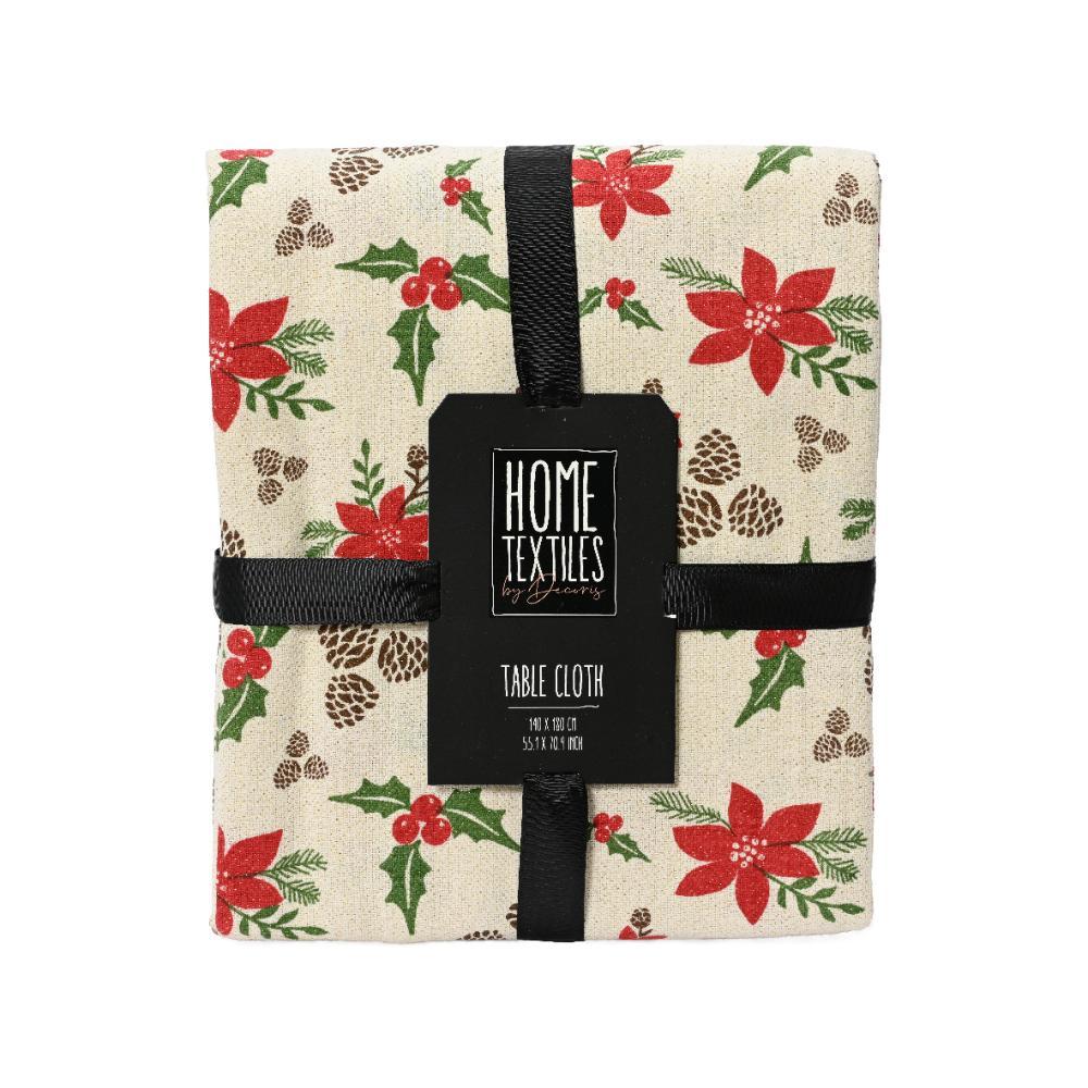 Decoris Cotton Tablecloth with Red Poinsettia and Berries 180 x 140cm - Cream/Red
