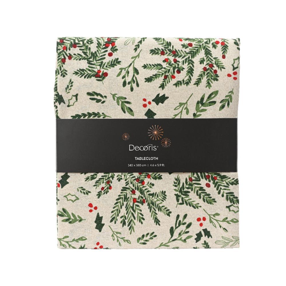 Decoris Cotton Tablecloth with Misletoe and Holly Leafs 180 x 140cm - Cream/Green