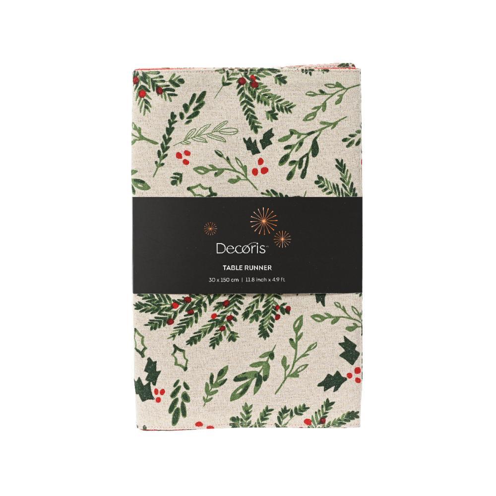Decoris Cotton Tablerunner with Misleto and Holly Leaf 150 x 30cm - Green/Cream