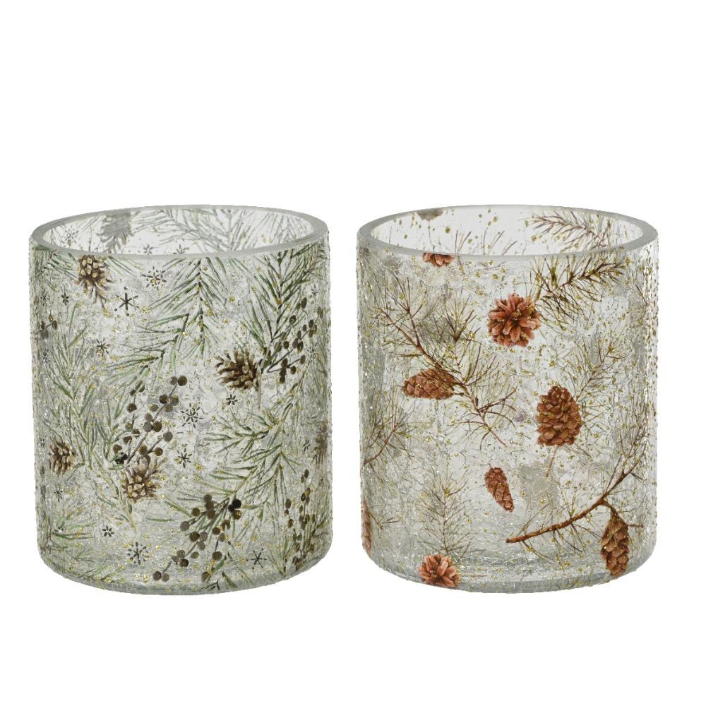 Kitchen Goods Glass Tealight Holder with Pinecones Print 10cm - Clear (2 Assorted)