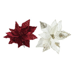 Decoris Velvet Clip-on Poinsettia 30cm - Red/White (2 Assorted)