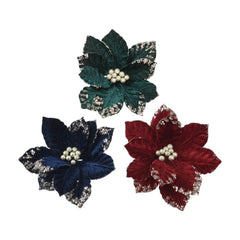 Decoris Velvet Clip-on Poinsettia with Sequins 35cm - Green/Red/Blue (3 Assorted)