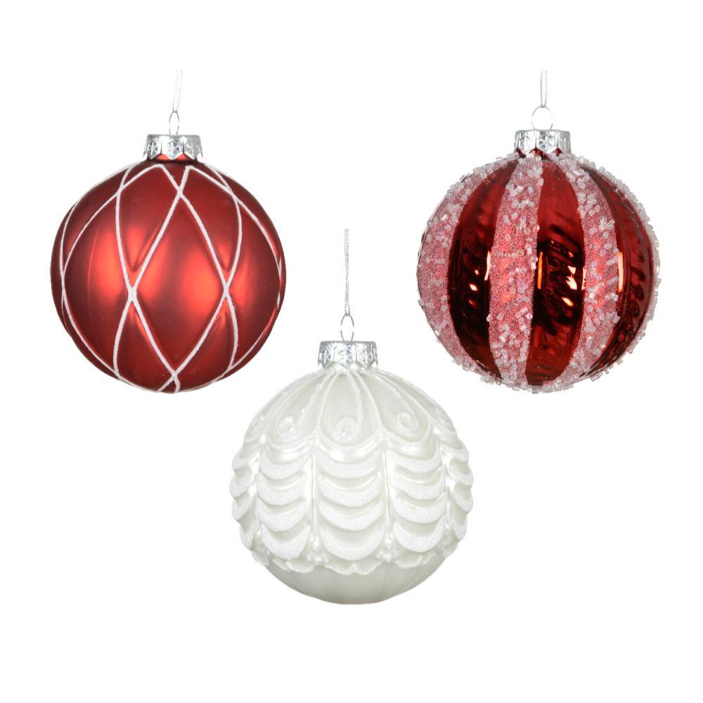 Decoris Glass Bauble with Design 10cm - 3 Assorted