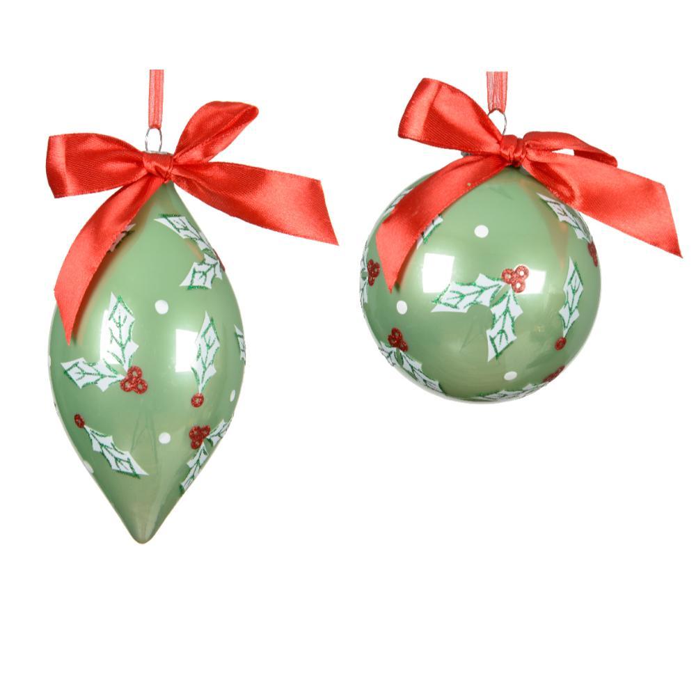 Decoris Glass Bauble with Red Bow and Red Berry Print 8cm - Green (2 Assorted)