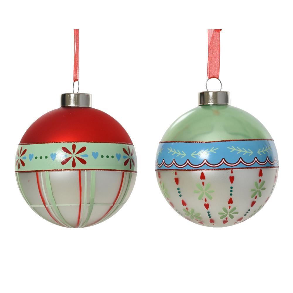 Decoris Glass Bauble with Border Design 8cm - 2 Assorted