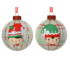 Decoris Glass Bauble with Elf Print 8cm (2 Assorted)