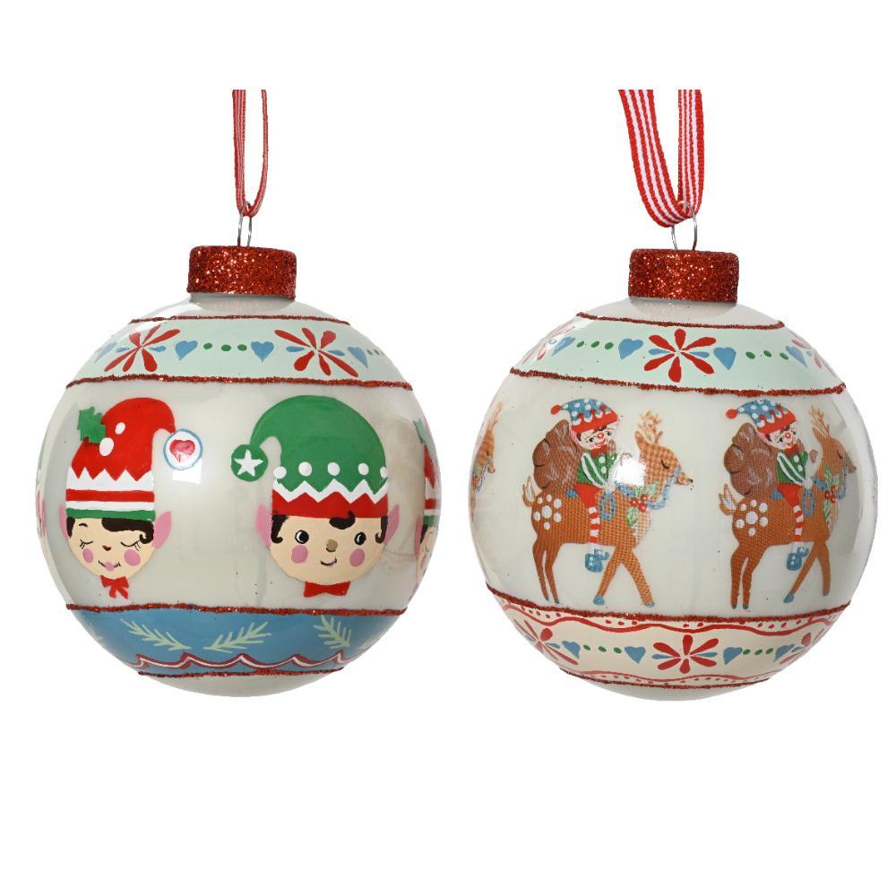 Decoris Glass Bauble with Elf or Deer Design 8cm