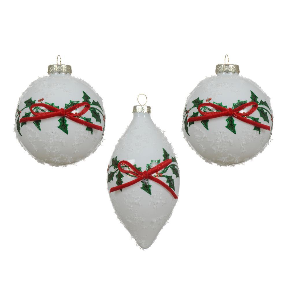 Decoris Glass Bauble with Snow Finish and Red Bow 8cm - Winter White (3 Assorted)
