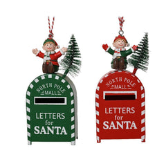 Decoris Iron Mailbox with Elf and Tree 10cm - Red/Green (2 Assorted)