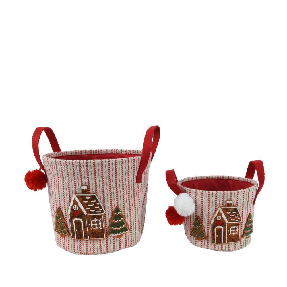 Decoris Polyester Basket with Pompoms Set of 2pc - Beige