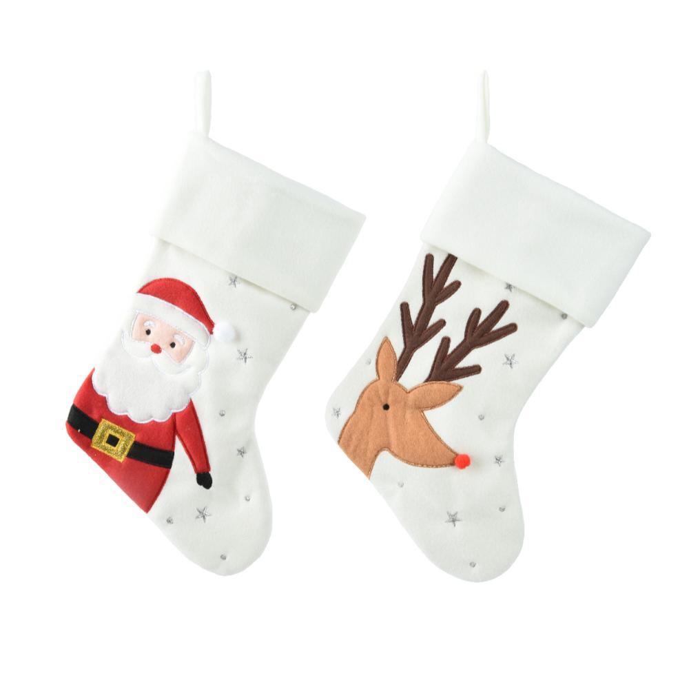 Decoris Polyester Stocking with Santa or Deer 40cm - White (2 Assorted)