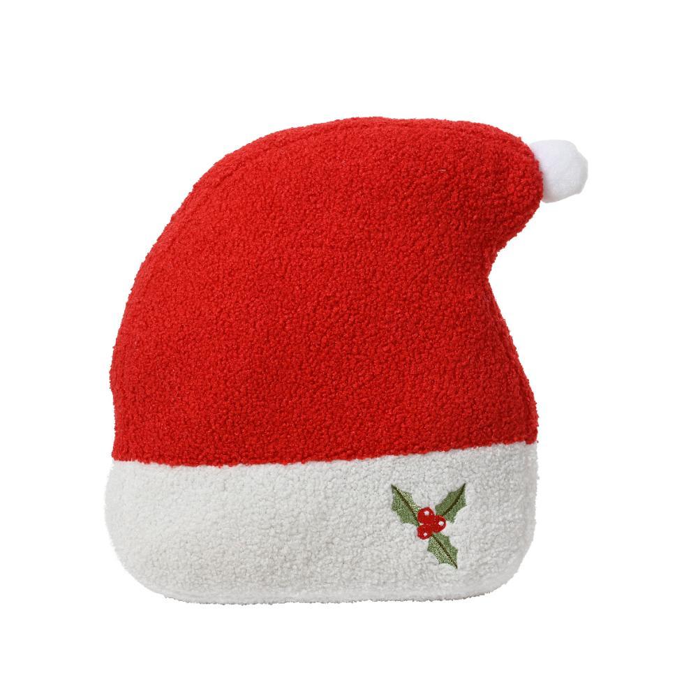 Kitchen Goods Polyester Santa Hat Cushion with Holly Embroidery 37 x 32cm - Red