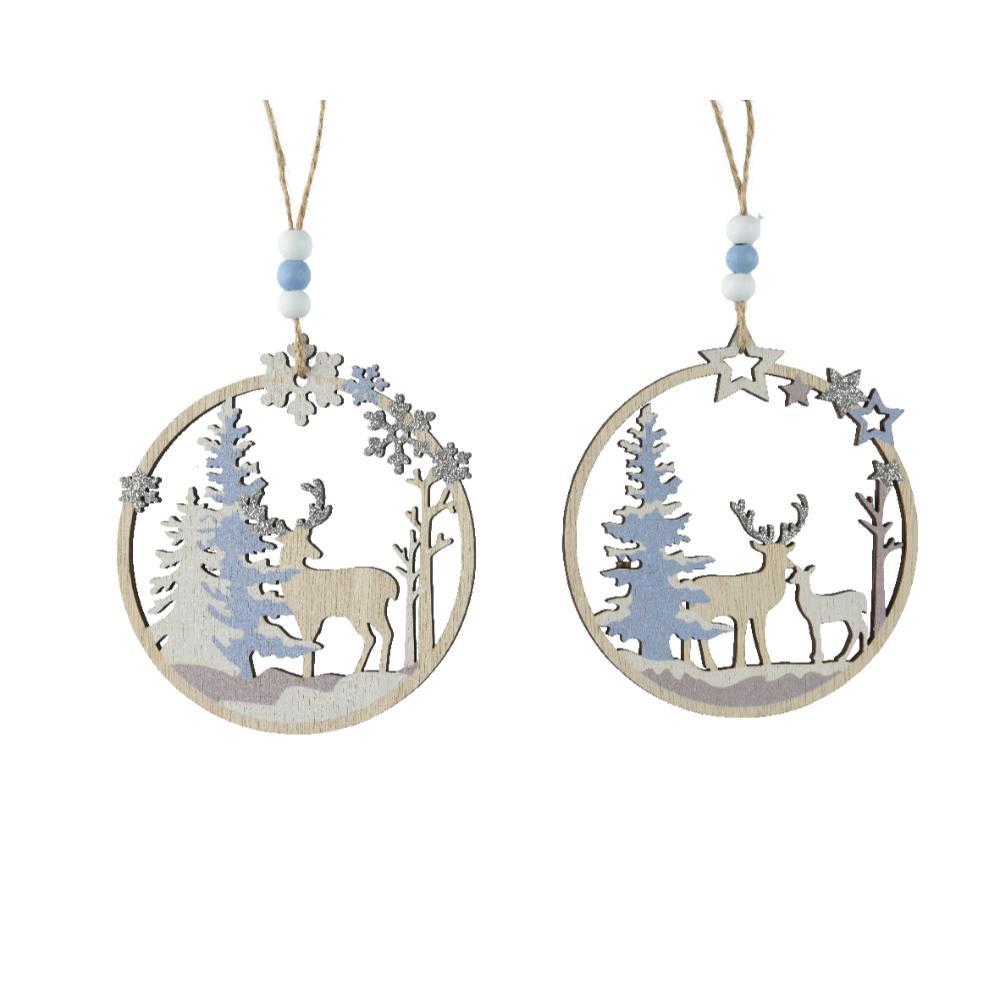 Decoris Plywood Hanger with Deer 12cm - 2 Assorted