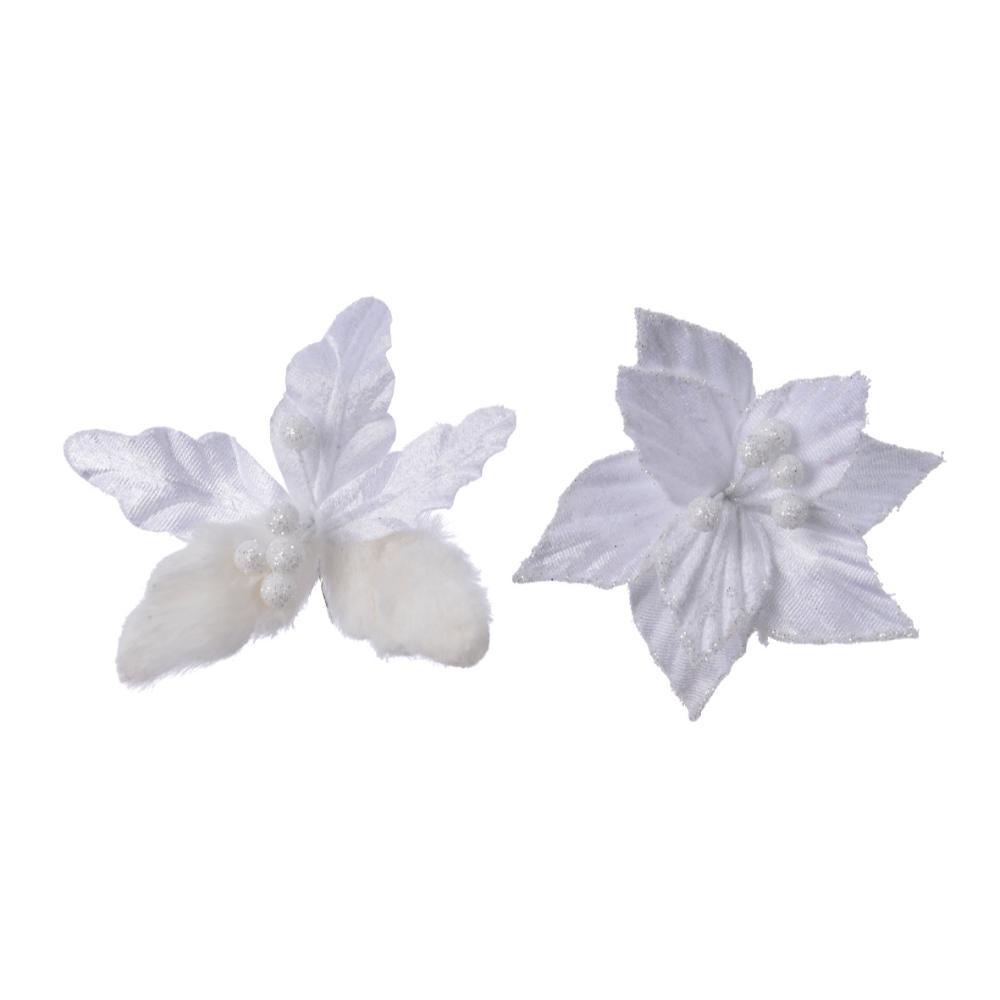 Decoris Velvet Clip-on Poinsettia with Fur 12cm - White (2 Assorted)