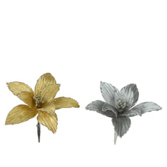 Decoris Velvet Clip-on Poinsettia 13cm - Gold/Silver (2 Assorted)
