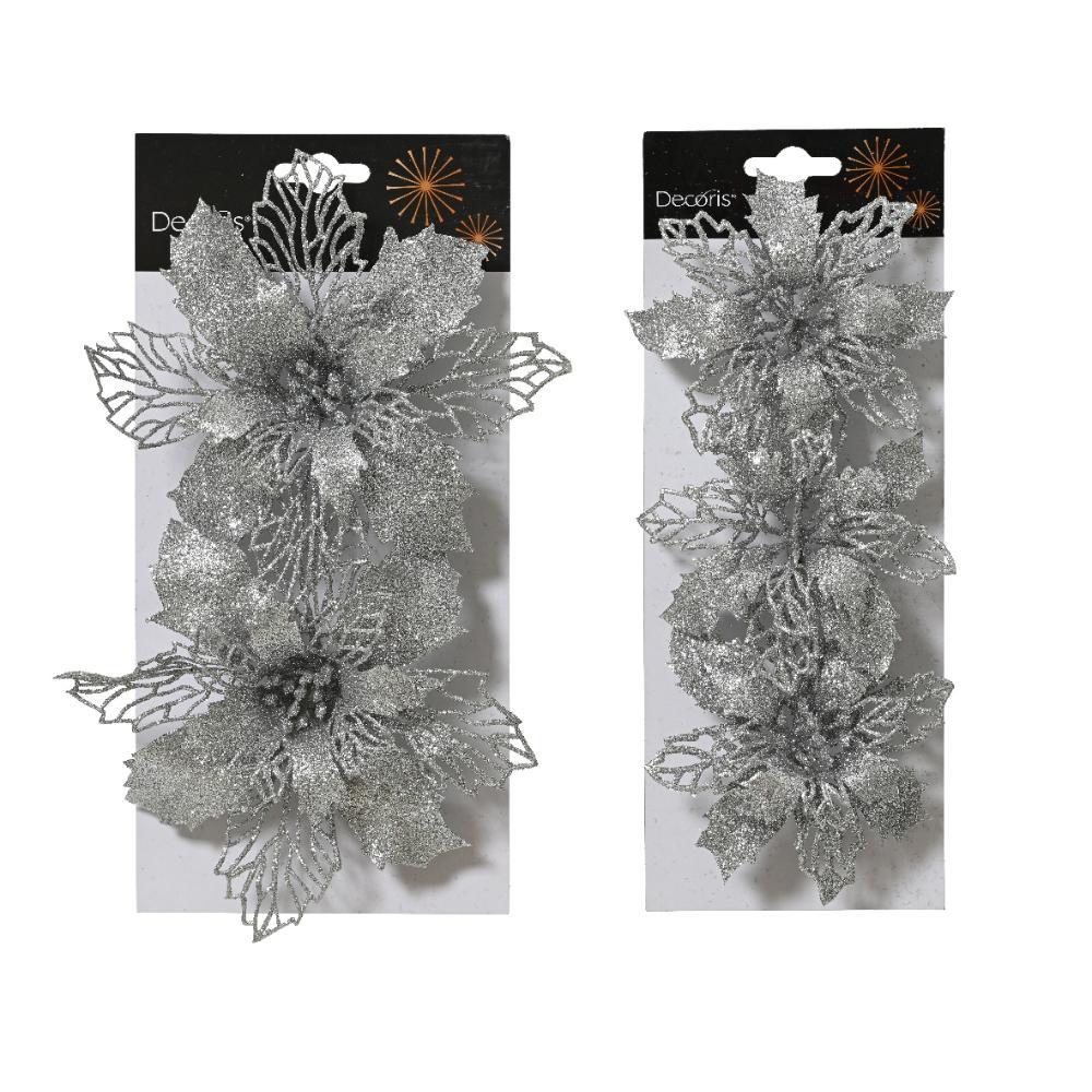 Decoris Clip-On Poinsettia Set - Silver (2 Assorted)