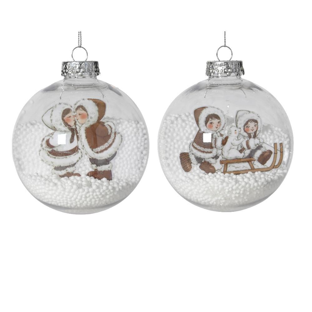 Decoris Shatterproof Transparent Bauble with Snowballs 10cm - 2 Assorted