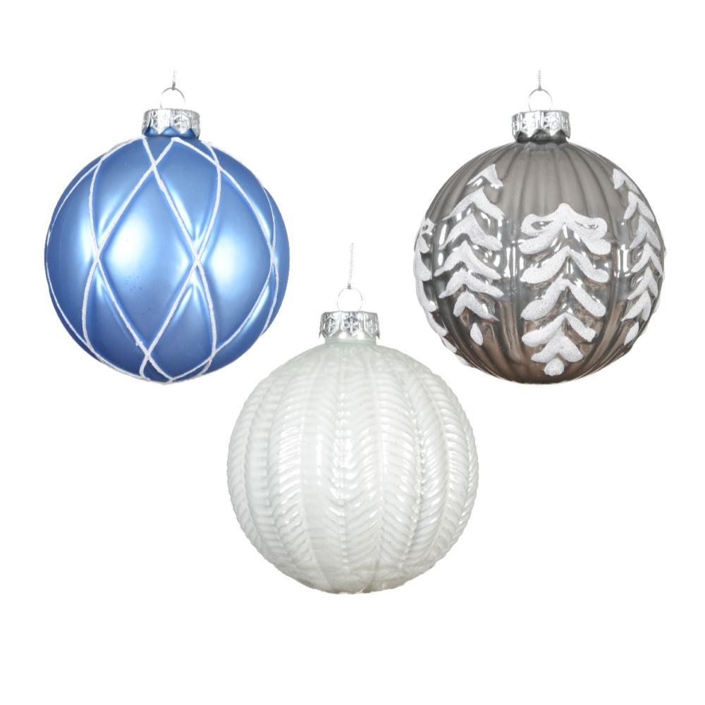 Decoris Glass Bauble with Enamel Glitter 10cm - Blue (3 Assorted)