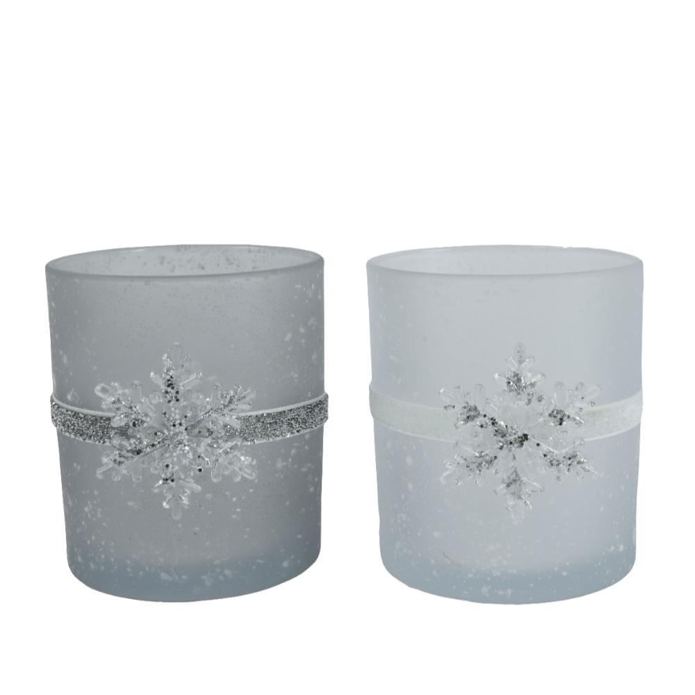 Kitchen Goods Glass Tealight Holder with Snowflake 10cm - Silver/White (2 Assorted)