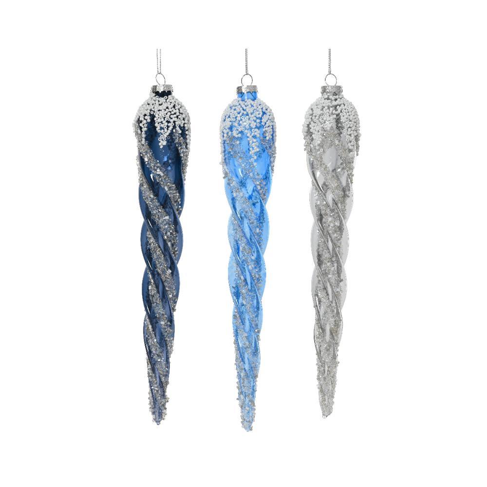 Decoris Glass Ornament with Sequins 24cm - Shades of Blue (3 Assorted)