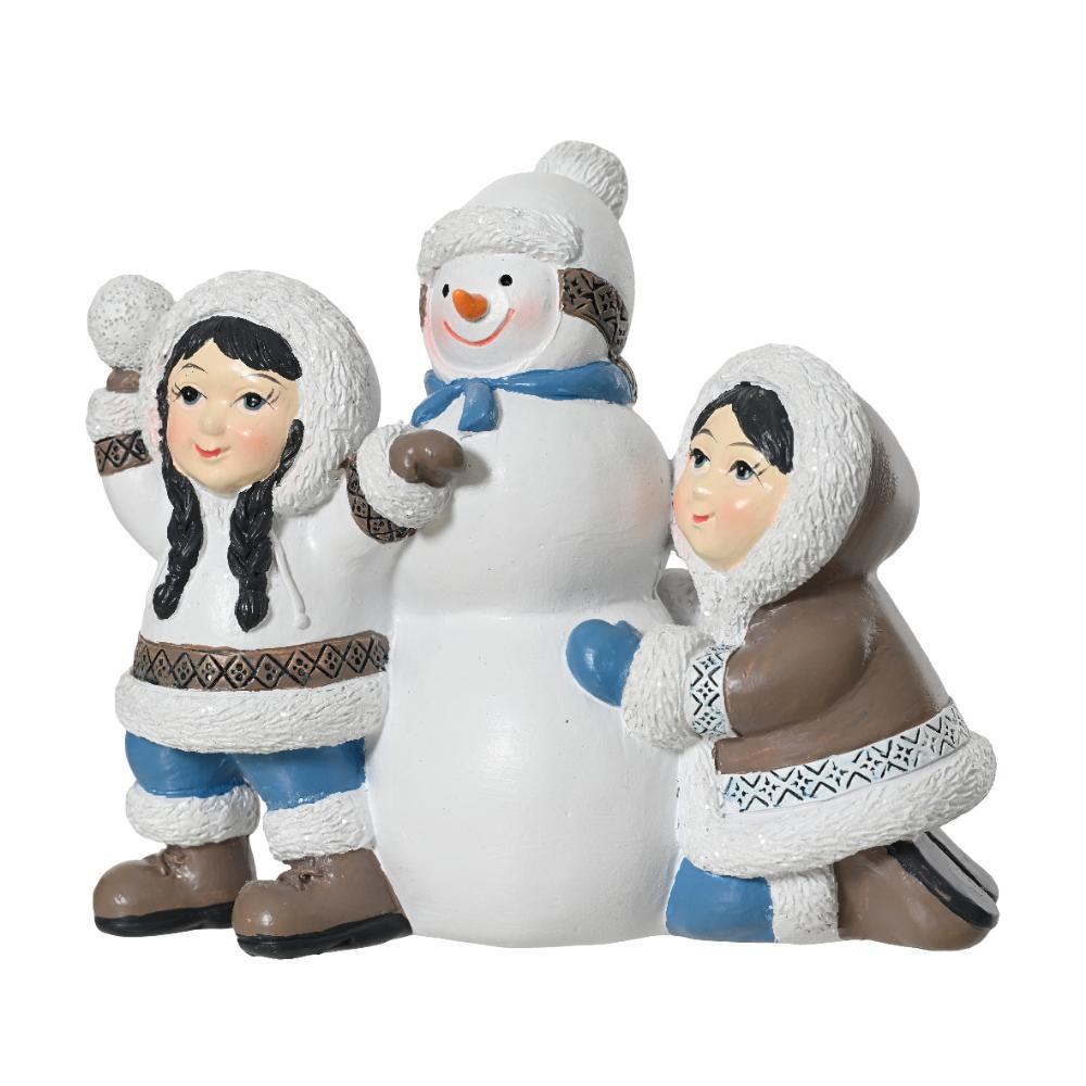 Decoris Polyresin Children with Snowman 12.5cm