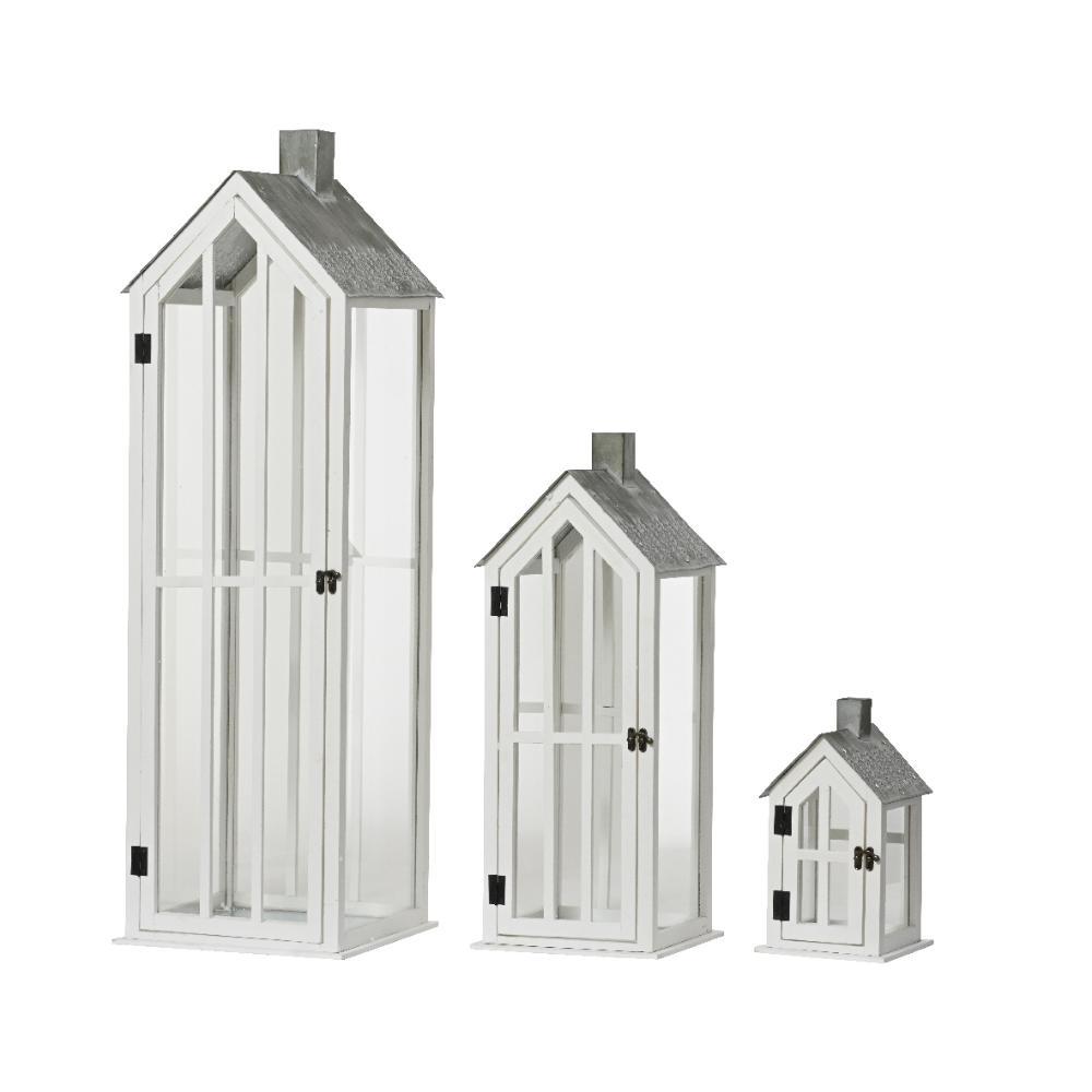 Decoris Firwood Lanterns with Tree Embossed Roof Set of 3pcs 95cm - White