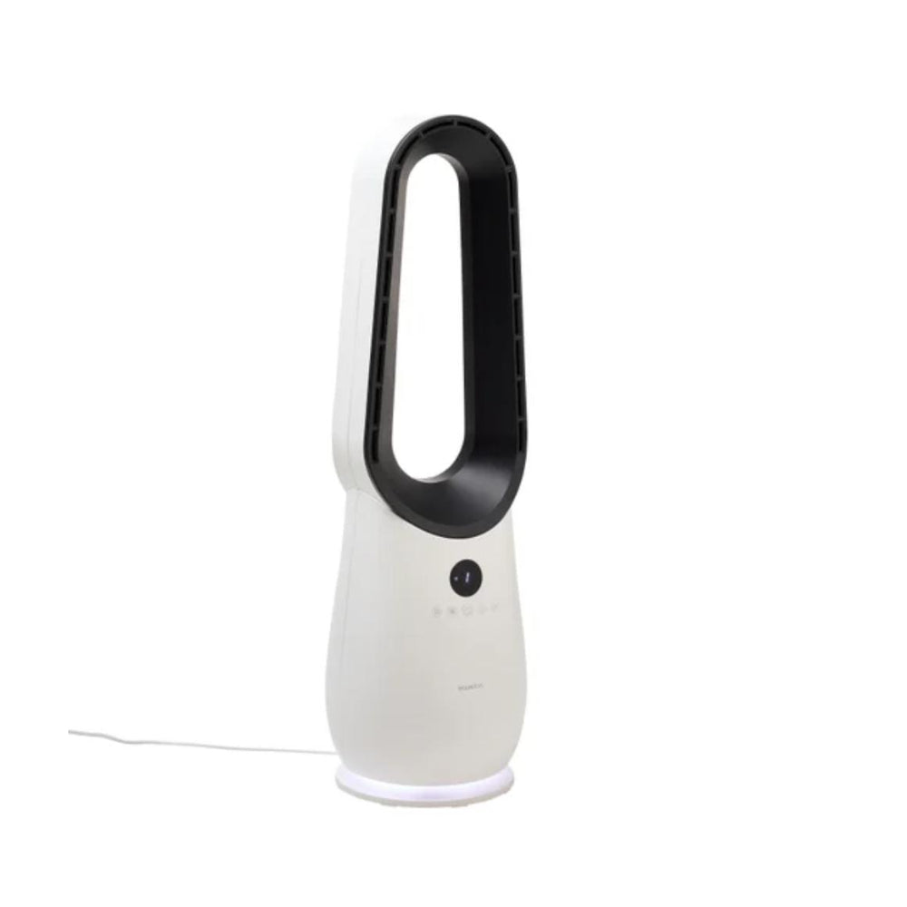 White handheld fan with black handle on a white background